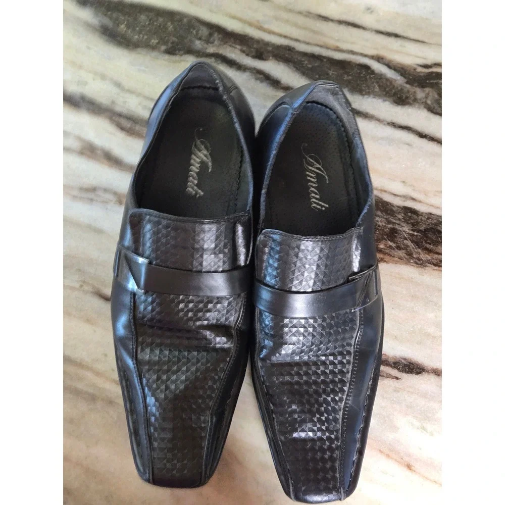 Amali Mens Black Textured Geometric Square Toe Slip‎ On Dress Loafers Shoes 7.5